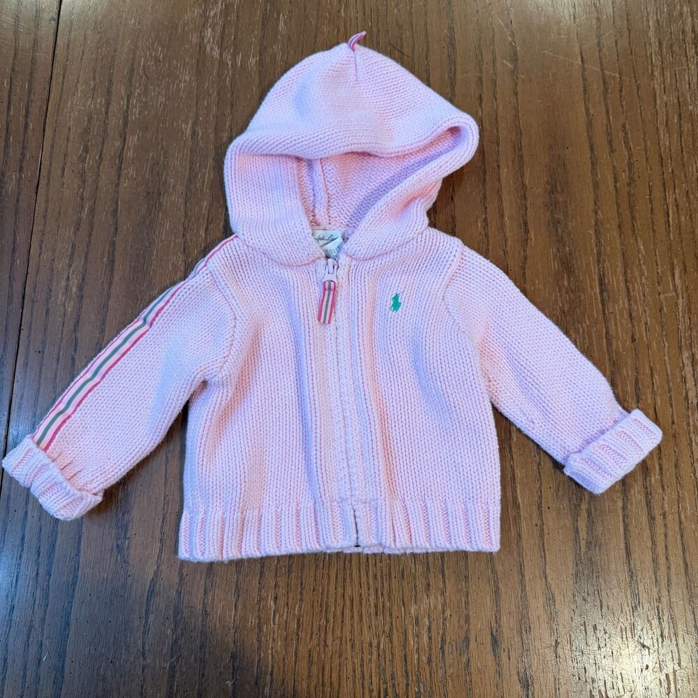 Ralph Lauren Baby Girl 6M Pink Cotton Knit Hooded Zip Sweater Pony Logo